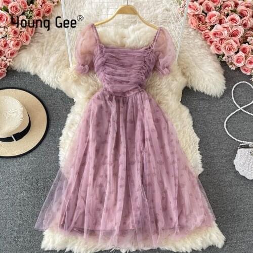 Young Gee Summer Kawaii Floral Print Dress Women Elegant Mesh Sweet Puff Sleeve French Party Above Knee Pleated Dresses robes