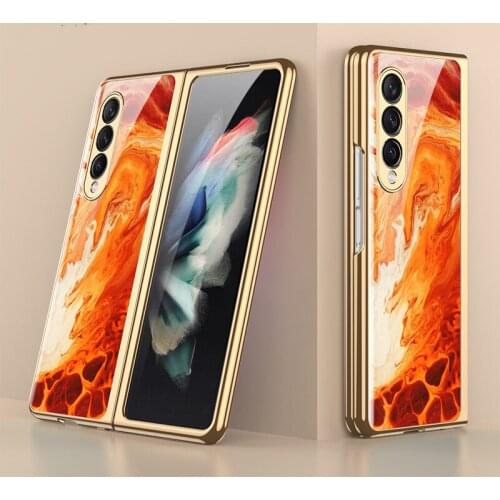 Marble Tempered Glass Case for Samsung Galaxy Z Fold 3 Case Plating Frame Hard Glass Cover for Galaxy Z Fold3 5G