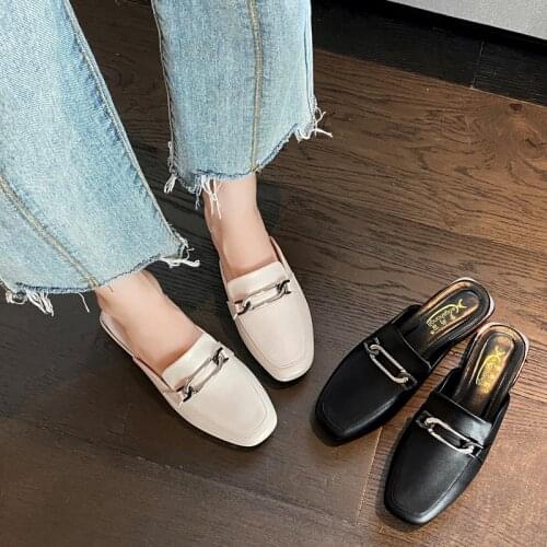 Summer Fashion High Heels Rivet Premium Leather Shoes for Women Plus Size Office Mules Solid Ladies Slipper Woman Pumps Slides