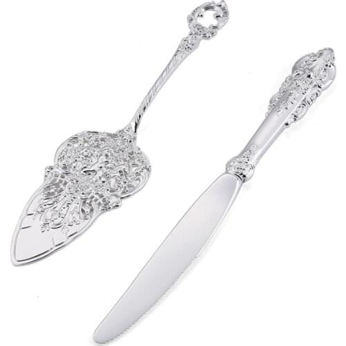 Cake Knife Server Set,Baroque Cake Cutlery Knife and Shovel with Carved Craft Design,Personalized Silverware for Wedding