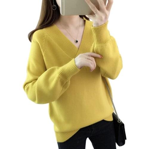 Autumn new Casual Knitted Tops Women Fashion V-Neck Sweater Female Solid color Loose Pullovers women