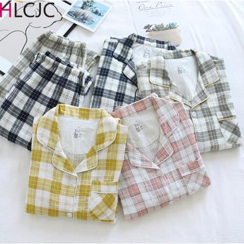 2021 New Plaid Cotton Crepe Mens Long-sleeved + Trousers Pajamas Women Spring and Autumn Couple Home Service Suit Pyjamas Femme