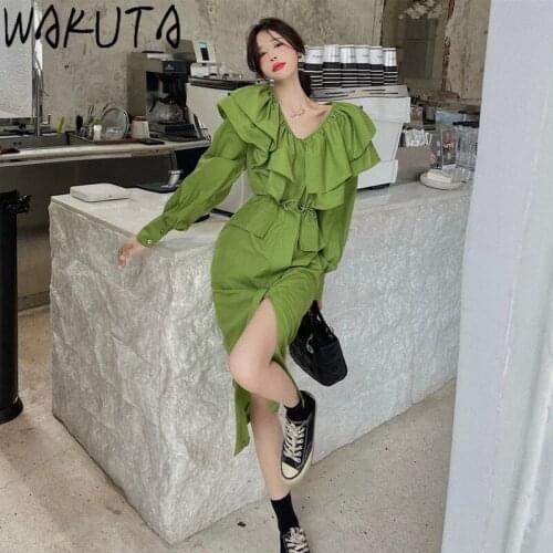 WAKUTA Double Ruffles V Neck Drawstring Slim Waist Green Long Women Dress Chic Ladies Elegant Lantern Sleeve Bodycon Dresses