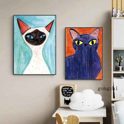 Funny Cat Portrait Nordic Posters Cute Animal Canvas Painting and Prints Wall Art Pictures for Living Room Bedroom Home Decor