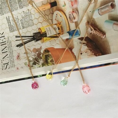 Lovely Gold Color Plating Pink Yellow Fuchsia Mint Colorful Dry Flower Waterdrop Pendant Necklace For Women Girl Casual Necklace