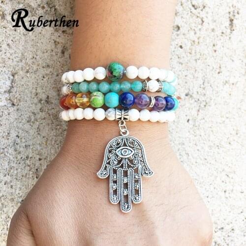 Ruberthen Vintage Women`s 7 Chakra Bracelet Designer Lotus Ohm Hamasa Blue Stone 108 Mala Jewelry Trendy Yoga Gift for Girl