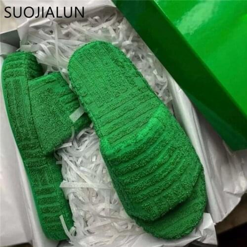 SUOJIALUN 2022 Winter New Brand Women Slipper Fashion Green Fur Slides High Quality Soft Sole Comfort Open Toe House Flip Flops