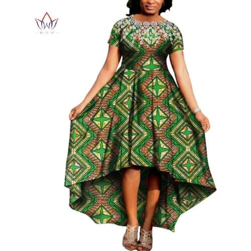 Stock Size Women Dress O-neck African Traditional Clothing Cotton Short Sleeve Cloth African Print Dress Big Size Natural WY3665