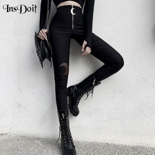 InsDoit Women Gothic Black Bodycon Pants Punk Moon Shape Hollow Out Pants Streetwear Harajuku Moon Pendant Zipper Pants