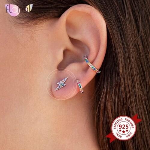 925 Sterling Silver Ear Needle Rainbow Zircon Lightning Stud Earrings for Women Mini Geometric Earrings Fashion Jewelry