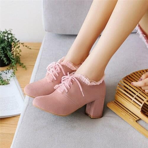 YQBTDL 2020 Autumn Spring Princess Ruffle Lace Up Square Block High Heels Pumps Pink Black Beige Suede Sweet Womens Party Shoes