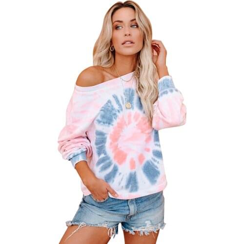 Feelycc Women Tie Dye Hoodless Strapless Long Sleeve Sweatshirts Female New Style Autumn Winter Loose Plus size Tops