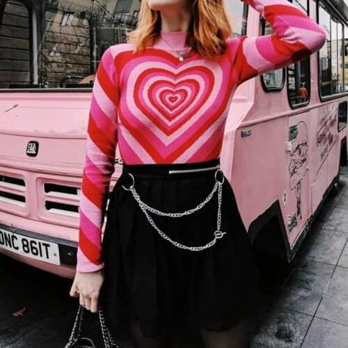 Heart Striped womens Sweater Y2K Knitted Aesthetics Love Print 2021 Cute Sweet Long Sleeve Turtleneck E-girl 90s Fashion retro