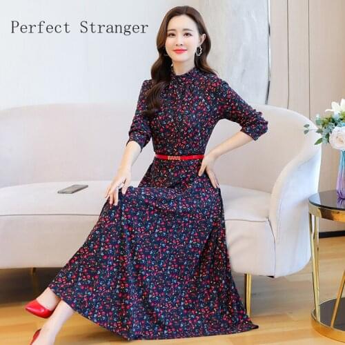 2021 Autumn Winter New Arrival High Quality Retro Flower Printed Long Sleeve Stand Collar Collect Waist Women Long Cotton Dress