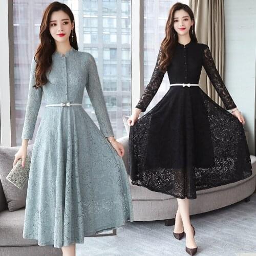 2020 Autumn Winter New 3XL Plus Size Vintage Lace Midi Dresses Women Bodycon Korean Black Sexy Dress Long Sleeve Runway Vestidos