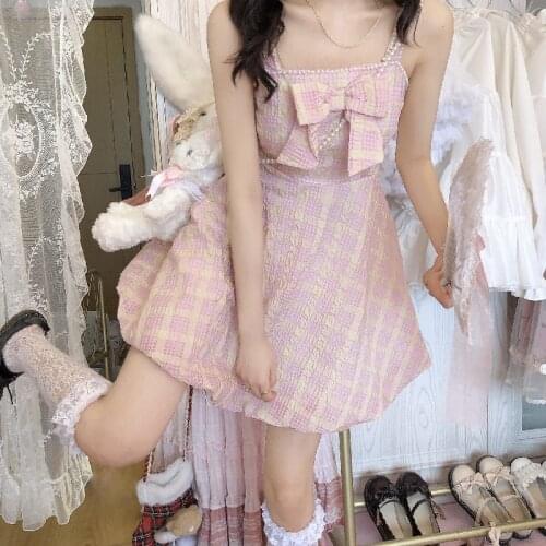 Japanese Korean Lolita Dress Female 2021 New Summer Kawaii Sleeveless Plaid Pink Dress Women Sweety Cute Suspenders Mini Dresses