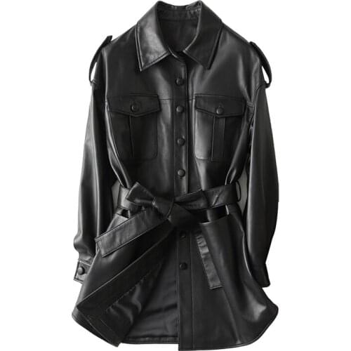 Genuine Sheepskin Leather Suede Coat with Belt Autumn Women Outerwear LF21004KQN