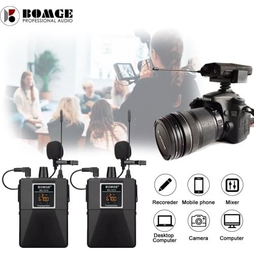 BOMGE 30 Channel UHF Wireless Dual Lavalier Microphone System 65m Range for DSLR Cameras Smartphones Webcast Lapel Mic