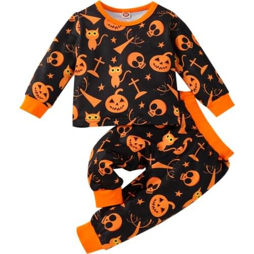 2Pcs Kids Halloween Pajamas, Printed Long Sleeves T-Shirt + Elastic Waist Long Pants for Girls, Boys, 18 Months to 5 Years