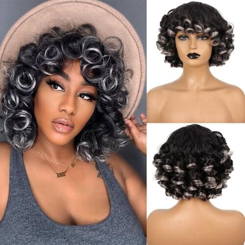 DIFEI Short Hair Afro Kinky Curly Wig With Bangs For Black Women Synthetic Ombre Black Brown Cosplay Wig