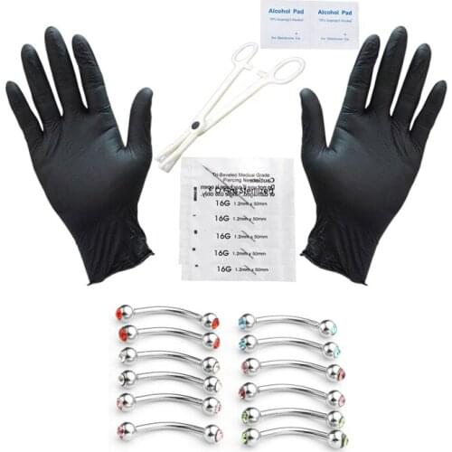 Jovivi Combo 16Ga(1.2MM) Rock Czech Crystal Lip Eyebrow Ring Disposable Professional Body Piercing Jewelry Tools