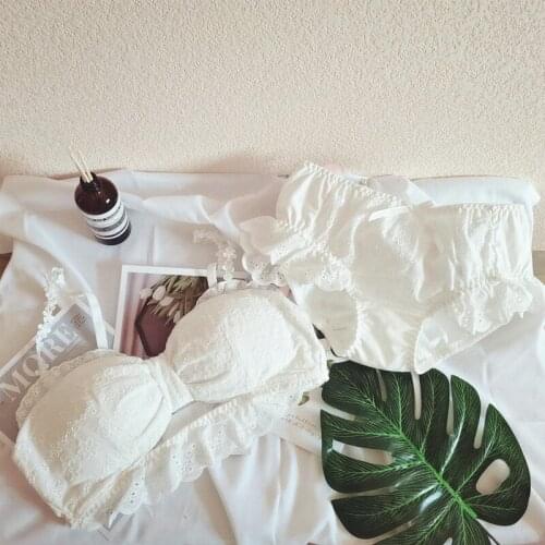 Comfortable ladies lingerie briefs suit gather young women white no steel ring bra set spot girl Lolita lace cotton underwear