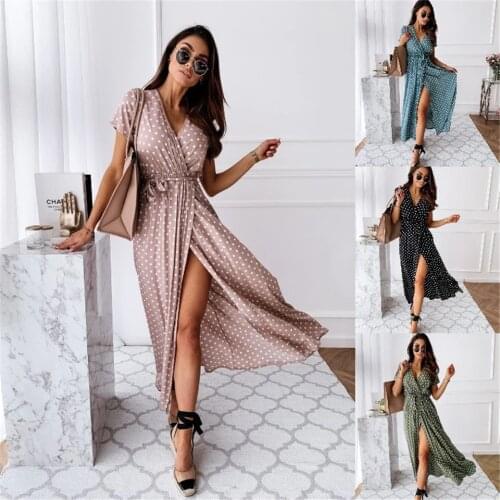 Summer Womens Dress 2021 Casual Long Dress Polka Dot Split Dresses Beach Dresses Short Sleeve Boho Dress Vestidos Mujer Verano