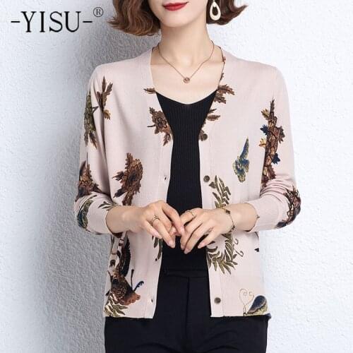 YISU Soft Women Cardigan Sweater Tops V-Neck Butterflies Printing Knitted Coat Cardigan Single Breasted Casual Jacket Sweater