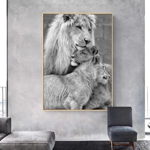 Black and White Picture Lions Poster a Mother with Her 2 Children Canvas Painting Scandinavian Cuadros Wall Art Room Home Decor
