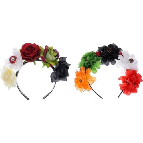 Halloween Hair Hoop Rose Skull Headband Handmade Rhinestone Skull Headdress Floral Headbands Cosplay Hair Accessories