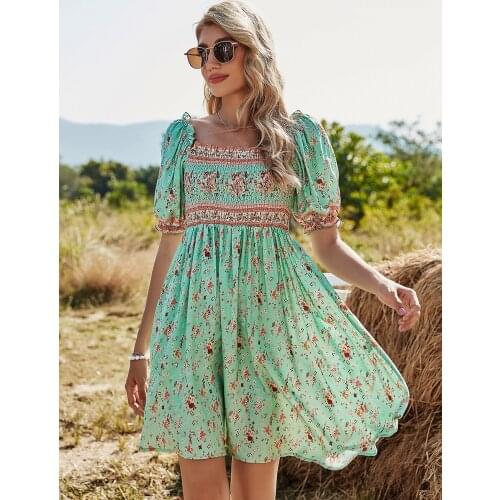 Floral Print Women Bohemian Dress Vintage square neck ruched women dress short Sleeve beach Dress Holiday new
