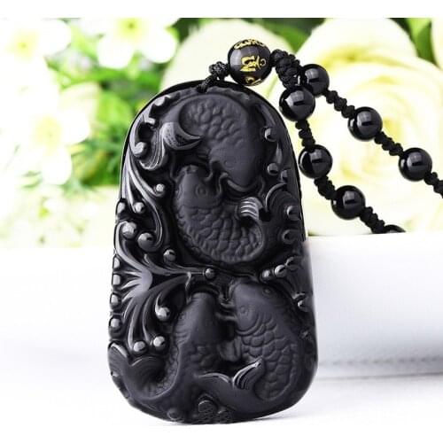 Natural Black Obsidian Fish Pendant Fashion Jewelry for Men and Women Every Year More Than Necklaces for Good Luck and Peace