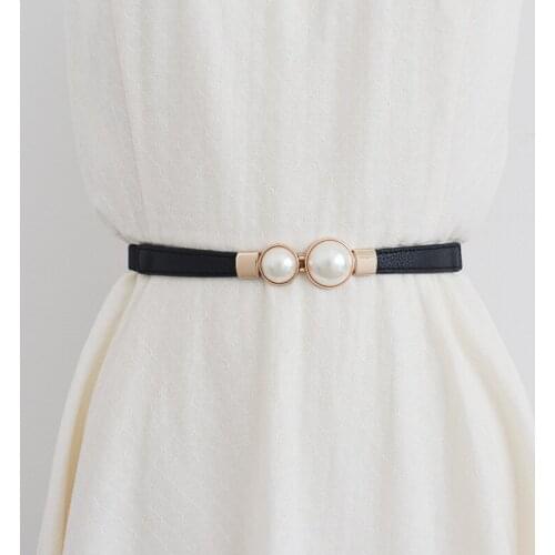 Womens Belt Women Double Pearl Belt PU Leather Dress Skirt Waist Elastic Thin Belts Ladies Waistband Women Belt Female