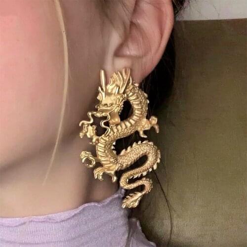 2PC Vintage Chinese Style Dragon Stud Earrings Punk Animal Totem Earrings Dragon Statement Gold Plated Earring for Women Jewelry