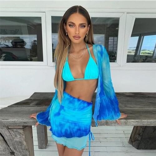 Mesh Long Sleeve Crop Top Mini Skirts Two Piece Holiday Matching Set Print Fashion Outfits See Through Y2K Bodycon Skirt Summer