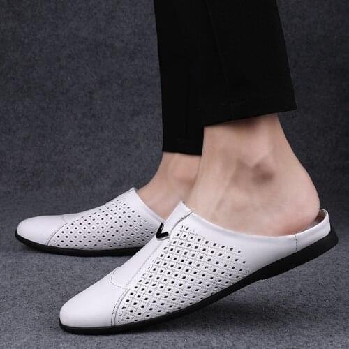 Genuine Leather Mule Shoes Men Hollow Out Summer Man Slippers Breathable Male Shoes Casual Large Size 37-46 Black Brown White