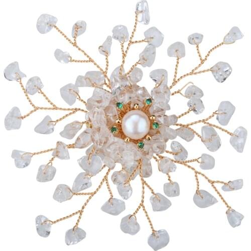 Yacq Women Natural Clear Crystal Quartz Freshwater Pearl Cubic Zirconia Pin Brooch Pendant 2 in 1 Handmade Jewelry Flexible Wire