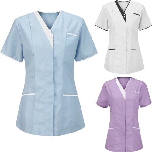 Verpleegster Uniform Womens Tops Large Size Short Sleeve V-neck Tops Nurse Working Printed T-Shirt Blouse Медицинская Одежда q5