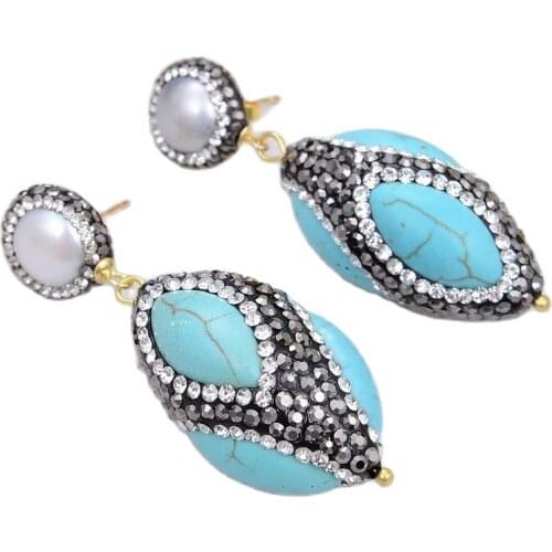GG Jewelry Natural White Pearl Blue Turquoises Trimmed With Marcasite Gold Color Stud Earrings CZ Stud For Women Lady Gift