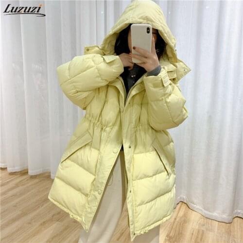 Luzuzi Womens Long Down Jacket Winter Elastic Waist White Duck Down Coats Office Ladies Sweet Thick Loose Hooded Padded Coats
