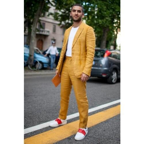 2017 Latest Coat Pant Designs Yellow Linen Men Suit Casual Tuxedo Terno Slim Fit 2 Piece Suits Custom Blazer Vestido jacket+Pant