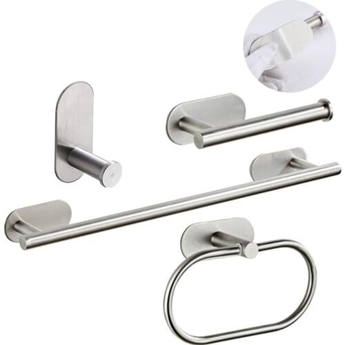 Free shipping Bathroom Hardware Set Self-sticking 304 Stainless Steel Brushed Towel Bar Paper Holder Accessories without nails