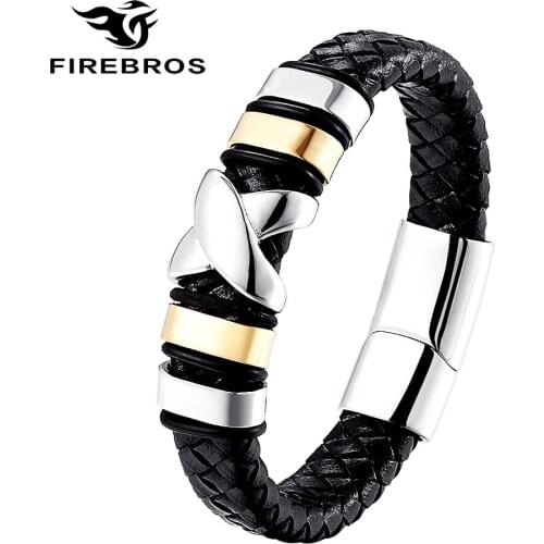 FIREBROS 2020 Magnet Clasp Stainless Steel X Charm 12mm Genuine Leather Bracelet Bangle Men Women Trendy Jewelry Free Shipping