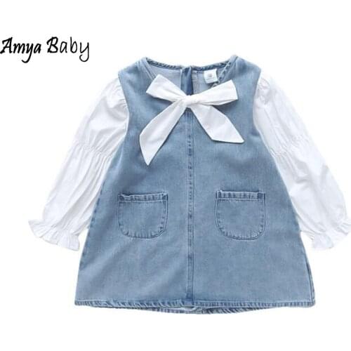 Amya Baby Kids Clothing Girls Christmas Dress Long Sleeve Blue Denim Patchwork Spring Autumn Princess Birthday Dresses