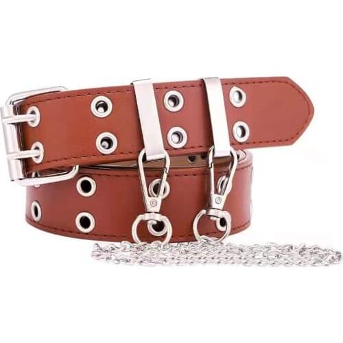Double row hole PU belt Korean jeans fashion chain decoration wide leather
