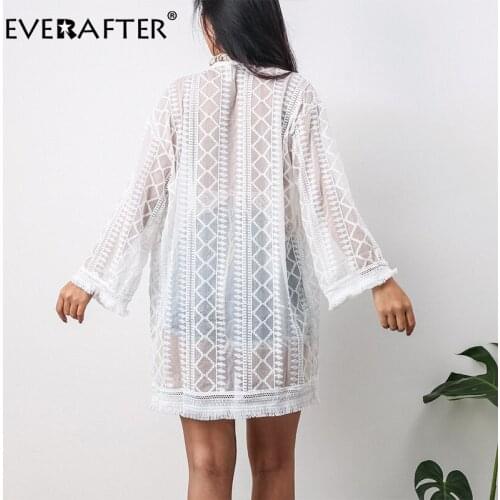 EVERAFTER Beach Cover Up fashion women embroidery lace shirt long sleeve transparent open loose Summer beach female long blouse