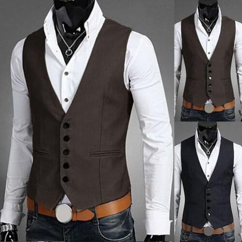 Formal Business Men Solid Color V Neck Button Pocket Sleeveless Vest Waistcoat