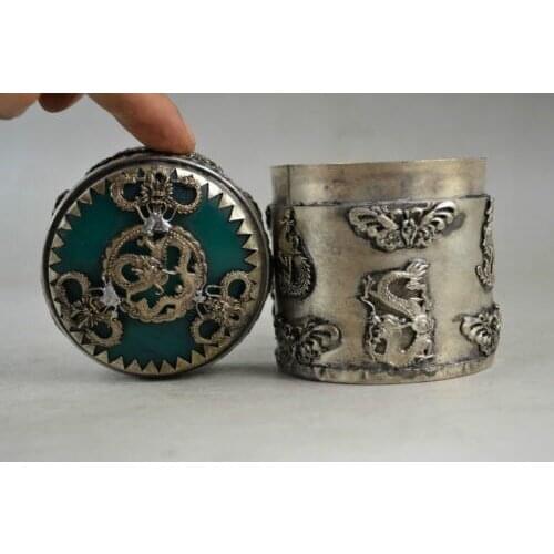 Exquisite Chinese Handwork Green Jade Miao Silver Carved Vivid Dragon Butterfly Toothpick