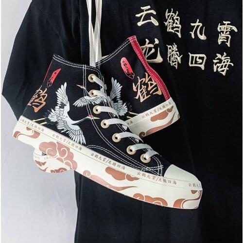 New High-Top Canvas Shoes Women Shoes Chinese Style Graffiti Retro Chic Sneakers Floral Crane Female Leisure Shoe 35-40
