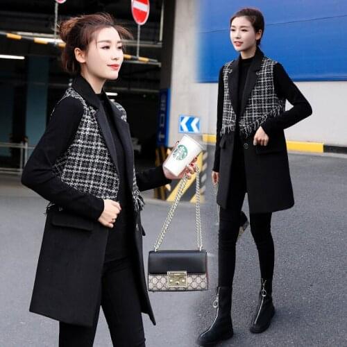 Fashion Patchwork Tweed Vest 2020 Autumn and Winter Woolen Plaid Fringed Vest Korean Womens Long Black Blazer Woolen Coat f2617
